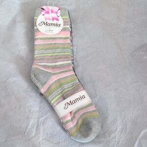 Mamia Pastel Striped Crew Socks in Gray, Pink & Green